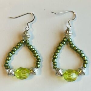 Artisan Handmade Green Glass Beaded Teardrop Dangle Crystal Earrings Boho Bold